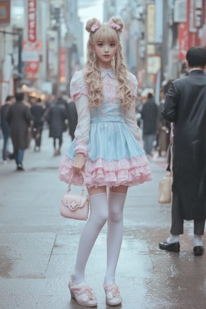  photo of an adorable wet soaked Japanese woman, dressed in a wet pastel blue and pink frilly dress with pigtailed hair, holding her small handbag as she standing on the streets, Her long, curly blonde hair is styled into two buns with bows, creating a charming appearance. She wears white tights under tall socks, matching shoes, and carries a cute bag that adds to her delightful look, wet clothes dripping