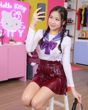 there is a sripping wet korean woman sitting on a stool, taking a selfie with her smartphone. Cute eyleliner,  She is wearing an outfit resembling a Japanese school uniform: a burgundy pleated highwaisted miniskirt with a white long-sleeved sailor blouse. A large purple bow is attached to her collar. Her outfit appears to be wet, with visible dampness on the fabric. She is also wearing knee-high white socks and black platform shoes with straps.
Her wet hair is styled in two long braids that fall over her shoulders. In the background, you can see a room with bright colors and various decorations, including a pink glowing Hello Kitty sign and shelves filled with items.