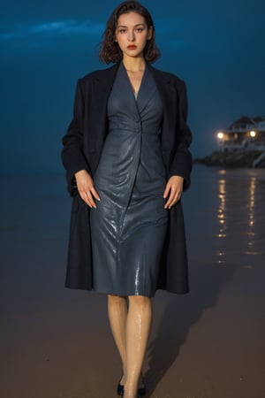 xxmixgirl, 1 woman, detailed face, detailed background, standing on the beach, completely wet, wet hair, dramatic lighting by Bill Sienkiewicz, 1940s tight fitting businesssuit skirt, wool pantyhose, furcoat, shoes, wet clothes, heavy rain,tiedbreastsblue