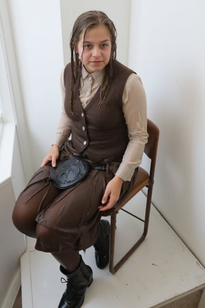 Young wet soaked girl sitting on the chair in a white room, she is wearing a shooluniform, includes brown wool tights, pleated kilt, blouse under her wool vest, black heeled shoes, heavy rain pouring down, wet skin, dripping wet hair, wet clothes, wetlook, wet