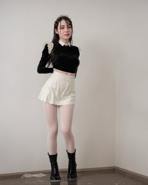 Full body shot, Wet young girl in the rain,  completly soaked wet, dripping wet hair and clothes, black frenchmaid velvet uniform, white wool tights, boots, wetlook, wet, white background, clothes,lemon0021, SoakingWetClothes,Hourglass thin waist, 