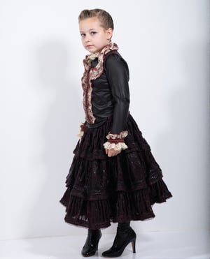 Young girl in a wet soaked baroque lolita costume, with lace and bow, wool tights and heels, cute fringes haircut, cute eyeliner, white wall backgtound