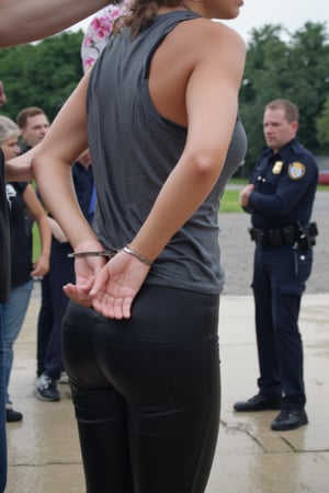 Wet soaked girl got arrested by the police, handcuffed, arms behind her back, wetlook