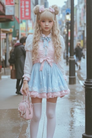  photo of an adorable wet soaked Japanese woman, dressed in a wet pastel blue and pink frilly dress with pigtailed hair, holding her small handbag as she standing on the streets, Her long, curly blonde hair is styled into two buns with bows, creating a charming appearance. She wears white tights under tall socks, matching shoes, and carries a cute bag that adds to her delightful look, wet clothes dripping,Kawaii,wetlook