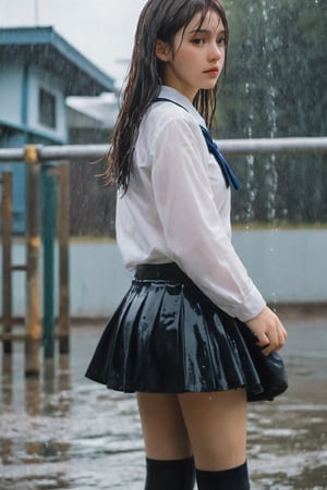 xxmixgirl, 1 woman, detailed face, Japanese style high school playground, detailed background, completely wet, wet hair, cinematic shadows, dramatic lighting by Bill Sienkiewicz, (Simple PositiveXLv1: 0.7), xxmix_girl, aesthetic portrait, sailor suit, skirt, shirt, pantyhose, shoes, wet clothes, heavy rain