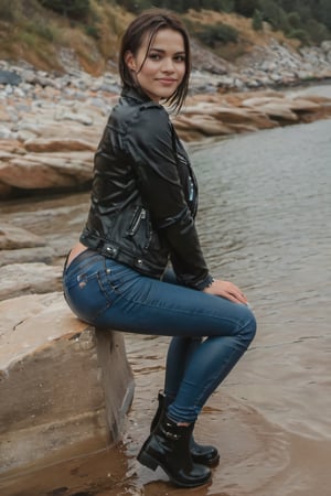 Wet girl in high waiste skinny jeans, leatherjacket, boots, completly soaked wet, perfect hands, side view, big ass, looking in the camera, beautiful smile, cute make up, big lashes, hourglass figure, emo haircut, sitting on the rocks, perfect anatomy, SoakingWetClothes,Extremely Realistic,round ass,photo r3al,soakingwetclothes,FilmGirl