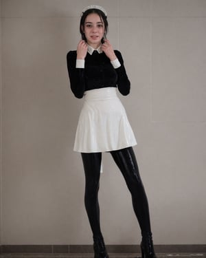 Full body shot, Wet young girl in the rain,  completly soaked wet, dripping wet hair and clothes, black frenchmaid velvet uniform, white wool tights, boots, wetlook, wet, white background, clothes,lemon0021, SoakingWetClothes,Hourglass thin waist, 