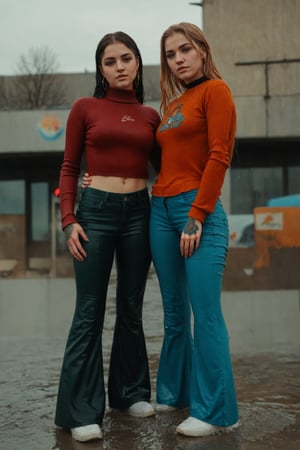 "Capture the intimacy and vulnerability of two girls, standing at a public spot. Render them completely soaked wet, gen z fashion trend, flared pants, tattoo, winter outfit, daylight,  tintime,cyanotime,dagtime,soakingwetclothes