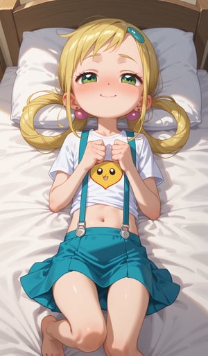 4n1v3rs3, score_9, score_8_up, score_7_up, 1girl, solo, cute face, smile,BREAK, (14 yo,cute, little sexy girl,tiny,small ,beautiful ,loli, petite:1.1),(momokochan, blonde hair, green eyes, long hair, hair rings, hair ornament, earrings, shirt, suspenders, midriff, skirt,barefoot) , detailed, dynamic pose,top view,laying on back, laying in bed, bedroom, bed, cosy room, half-closed eyes, shy, nose blush