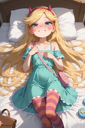 4n1v3rs3, score_9, score_8_up, score_7_up, 1girl, solo, cute face, smile,BREAK, (14 yo,cute, little sexy girl,tiny,small ,beautiful ,loli, petite:1.1), ( starbutterfly, blonde hair,facial mark, long hair, horned headwear, blue eyes, very long hair, teal dress, shoulder bag, striped pantyhose) slim body, detailed, dynamic pose,top view,laying on back, laying in bed, bedroom, bed, cosy room, half-closed eyes, shy, nose blush