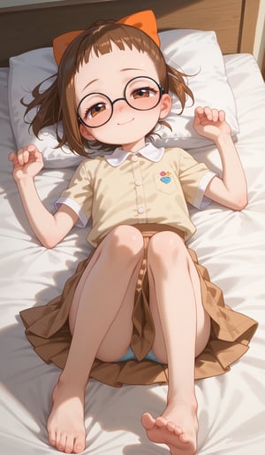 4n1v3rs3, score_9, score_8_up, score_7_up, 1girl, solo, cute face, smile,BREAK, (14 yo,cute, little sexy girl,tiny,small ,beautiful ,loli, petite:1.1),(hazukitchi, brown eyes,glasses, brown hair, hair bow, short hair, short sleeves,ponytail, skirt, beige shirt,barefoot) , detailed, dynamic pose,top view,laying on back, laying in bed, bedroom, bed, cosy room, half-closed eyes, shy, nose blush