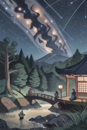 night,milky way, falling stars, mystery,landscape,river,woods,illustration,ukiyo-e