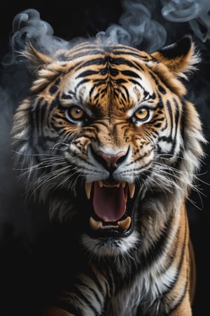 A photo of a black wild angry tiger's face partially hidden in dark black smoke. The lion's eyes are visible, glowing with intensity. The background is filled with thick, dark smoke. black and white 