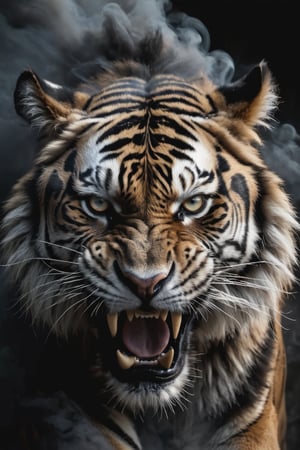 A photo of a black wild angry tiger's face partially hidden in dark black smoke. The lion's eyes are visible, glowing with intensity. The background is filled with thick, dark smoke. black and white , An aggressive, enraged, charging tiger head   , midjourney style art,dark background. highly detailed, sharp focus.8k,photography style,close shot, cinematic lighting   , cinematic lighting 
