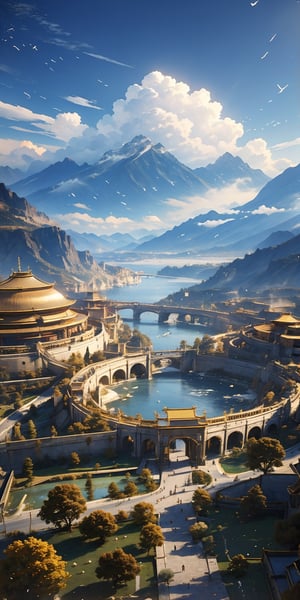 Gold series,The overall picture is in golden color,Magnificent, golden, the Forbidden City,Sense of technology,Golden Brilliance,royal temperament,masterpiece,best quality,8k,insane details,intricate details,hyperdetailed,hyper quality,high detail,ultra detailed,CG, VFX, SFX, Insanely detailed and intricate, Hyper maximalist, Volumetric, ultra photoreal, ultra-detailed, intricate details, Super detailed, Full color, Volumetric lighting, HDR, Realistic, Sharp focus--v testp, Cinematic, Unreal Engine, Cinematic Lighting, Hyper realistic, Photorealistic, Unreal Engine, 8K, 16K,trees,  the sky,clouds,long,Arial view,CLOUDS