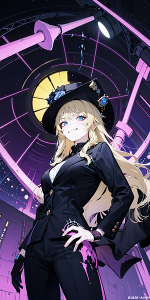 masterpiece,1girl, evil smirk, tired eyes, potrait a person rapper (dressed black jacket and a hat:1.2),  anime cyberpunk art, modern anime style ,blacklight, view from ((below), navia_gi.