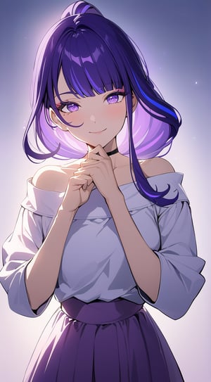 (Raiden Shogun from Genshin Impact dressed as popular girl). Tall. (masterpiece, upper body photo, sidelighting, 1girl), anime style, cute pose, simple background, hand on lips, hands clenched. eyelashes, eye_glow, blue eyes, purple hair. smile, casual outift. feminim.choker. ponytail. Perfect Hands.