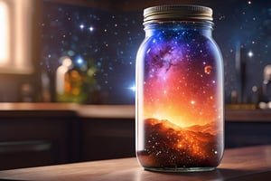 Highly detailed RAW color Photo, top Angle, a nebula in a mason jar, vivid detail, (nebula), (sci-fi), Mason Jar sitting on kitchen counter (highly detailed, hyperdetailed, intricate), particle effects, raytracing, cinematic lighting, shallow depth of field, photographed on a Sony a9 II, 35mm wide angle lens, sharp focus, cinematic film still, dynamic angle