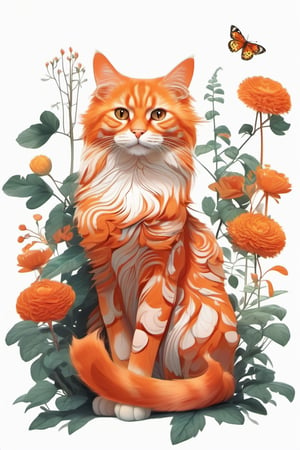 style by Michael Page, concept upper body regal fluffy orange cat, concept art lower body skeleton, in a blooming garden isolated by white background, fantastic plants . digital artwork, illustrative, painterly, matte painting, highly detailed, by IrinaKapi