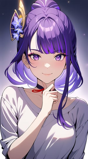 (Raiden Shogun from Genshin Impact dressed as popular girl). Tall. (masterpiece, upper body photo, sidelighting, 1girl), anime style, cute pose, simple background, hand on lips, hands clenched. eyelashes, eye_glow, blue eyes, purple hair. smile, casual outift. feminim.choker. ponytail. 