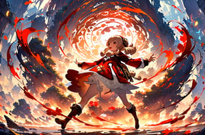 A striking silhouette of Klee from Genshin Impact materializes against a mesmerizing backdrop of swirling white and red ink brushstrokes. The character's gaze pierces through the veil of ink rain as they assume a dynamic dancing pose. Ink droplets suspended in mid-air create a sense of movement, while ink smoke swirls around their feet. The overall effect is a breathtaking digital art masterpiece with professional polish.