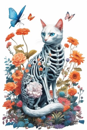 style by Michael Page, concept art cat skeleton in a blooming garden isolated by white background, fantastic plants . digital artwork, illustrative, painterly, matte painting, highly detailed, by IrinaKapi
