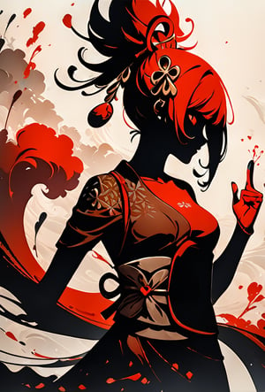 silhouette of a yoimiya from genshin impact, hair ornament. ink brushstrokes in background, looking at viewer, dancing pose, red ink, ink rain, stunning image, red ink smoke, digital art, professional style, ((masterpiece quality: 2)), ink droplets, attractive image.,INK,Ink art