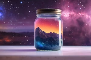 Highly detailed RAW color Photo, top Angle, a nebula in a mason jar, vivid detail, (nebula), (sci-fi), Mason Jar sitting on kitchen counter (highly detailed, hyperdetailed, intricate), particle effects, raytracing, cinematic lighting, shallow depth of field, photographed on a Sony a9 II, 35mm wide angle lens, sharp focus, cinematic film still, dynamic angle