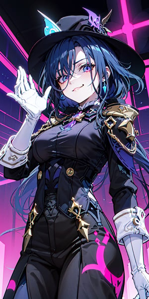 masterpiece,1girl, evil smirk, tired eyes, potrait a person rapper (dressed black jacket and a hat:1.2),  anime cyberpunk art, modern anime style ,blacklight, view from ((below), white gloves, clorinde \(genshin impact\).