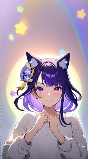 (raiden shogun from Genshin Impact dressed as popular girl). Tall. (masterpiece, upper body, photo, sidelighting, 1girl), anime style, cute pose, cute pose, simple background, polkadot rainbow background, small hair ornament, eyelashes, hands clenched. eye_glow, blue eyes, purple hair. cat ears. smile, oversize white sweater, casual outift. feminim. Perfect Hands.