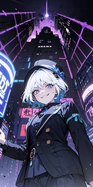 masterpiece,1girl, evil smirk, potrait a person rapper (dressed black jacket and a hat:1.2),  anime cyberpunk art, view from ((below), modern anime style ,blacklight, furina.