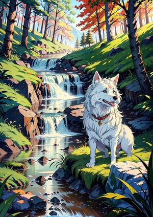canvas printing, 1dog, dog name is "dora", dora is fluffy majestic white German Shepherd, short fluffy tail, sit pose dora, view, oil painting style, walking Rocks, forest scene, water stream, colorfull shades
