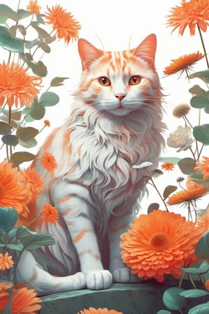 style by Michael Page, concept art cat skeleton in a blooming garden isolated by white background, fluffy face orange cat, fantastic plants . digital artwork, illustrative, painterly, matte painting, highly detailed, by IrinaKapi