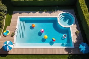 Photo Realistic, RAW Photo, drone shot, from above.

Luxury backyard inground pool with floating toys, diffused sunlight.

Extremely Realistic, Nikon D5, 35mm lens, bokeh,SFW