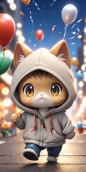 ((chibi style)), chibi cat in hoodie walking on busy street, new year setting, balloon and firecrackers, dynamic angle, depth of field, detail XL, closeup shot, finetune,ghibli