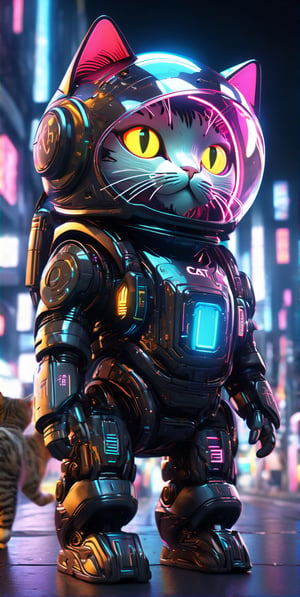 ((cat style)), dressed is a colorful neon Transparent Glow and black dress, with a sci-fi onen light helmet, in the style of cyberpunk realism,  hoodie walking on busy street, dynamic angle, depth of field, detail XL, closeup shot, finetune,ghibli,make_3d, Flexography, Ultra Wide Angle, Game Engine Rendering, Grainy, Collage, Analogous Colors, Meatcore, Infrared Lighting, Super Detailed, Photorealistic, Food Photography 