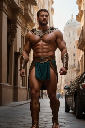 Portrait photo of muscular full body man, Spartan man, gladiator, intricate, elegant, sharp focus, photo by greg rutkowski, soft lighting, vibrant colors, (masterpiece), ((streets)), (detailed face)+, eye iris, apocalict city