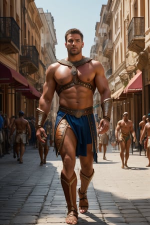 Portrait photo of muscular full body man, Spartan man, gladiator, intricate, elegant, sharp focus, photo by greg rutkowski, soft lighting, vibrant colors, (masterpiece), ((streets)), (detailed face)+, eye iris, apocalict city