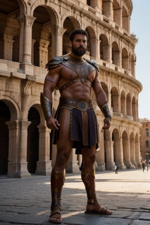 Portrait photo of muscular full body man, Spartan man, gladiator, intricate, elegant, sharp focus, photo by greg rutkowski, soft lighting, vibrant colors, (masterpiece), ((streets)), (detailed face)+, eye iris, antique colosseum