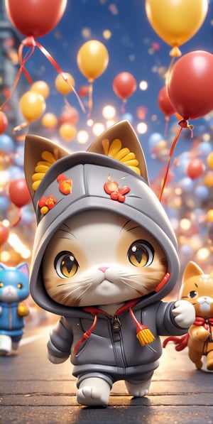 ((chibi style)), chibi cat in hoodie walking on busy street, new year setting, balloon and firecrackers, dynamic angle, depth of field, detail XL, closeup shot, finetune,ghibli