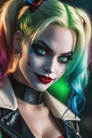 Full body Harley Quinn with Green Evil Light eyes and glowing green thunder Dc, scary, Classic Academia, , laugh joke joke dance, Leonardo style, movie director style, HarleyQuinn1024, cyberpunk background, detailed eyes, photography, highly detailed, sharp focus , trending on artstation, studio photos, intricate detail, highly detailed, photorealistic depiction of Harley Quinn 1.1), (blue eyes: 1.1), perfect lips, (lipstick makeup: 0.1), intricate detail of Harley Quinn's hair, full body, well-proportioned physique, muscle definition, colorful clothes, t-shirts or tops, mini skirts or shorts with boots or luxury costumes, naughty posing style, attractive character, (intriguing pose) aggressive posture, natural skin tones, Flexography, ultra Wide Angle, Game Engine Rendering, Grainy, Collage, Analogous Colors, Meatcore, Infrared Lighting, Super Detailed, Photorealistic, Food Photography, Cyclic Rendering, 4K, Realistic Lighting and Shadowing, Detailed Textures, High Resolution, Photographic Precision, 8k uhd, DSLR, complex details, best quality, film grain, fujifilm XT3, analog style, instagram, tik tok, in club:1.1), armed with stick,