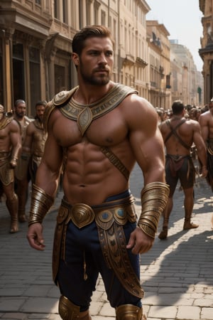 Portrait photo of muscular full body man, Spartan man, gladiator, intricate, elegant, sharp focus, photo by greg rutkowski, soft lighting, vibrant colors, (masterpiece), ((streets)), (detailed face)+, eye iris, antique city barban