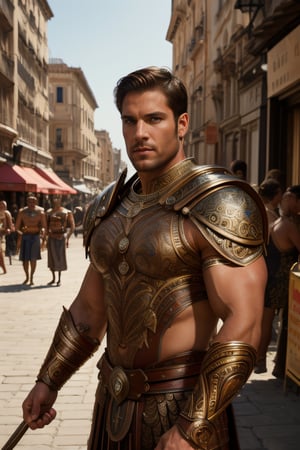 Portrait photo of muscular full body man, Spartan man, gladiator, intricate, elegant, sharp focus, photo by greg rutkowski, soft lighting, vibrant colors, (masterpiece), ((streets)), (detailed face)+, eye iris, antique city barban