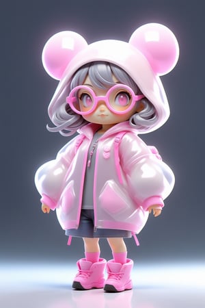 Full body, 3d artwork,  super cute girl, pop mart toys,  front view, super detail, blind box, T pose,Cute female  cyberpunk hacker with Pink colored glasses, in a jacket with a Beanie long grey hair half teeshirt ripped jeanscyberpunk 2077 poster art, unreal engine, cozy indoor lighting, artstation, best quality, 3d icon clay render, blender, OC renderer, full body reference sheet, dribble, high detailed, 8k, studio lighting, 3D rendering, Nintendo trendy, best details, higdefinition, high resolution,cute cartoon 
