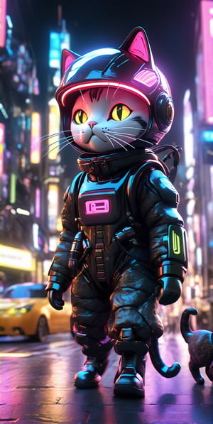 ((cat style)), dressed is a colorful neon Transparent Glow and black dress, with a sci-fi onen light helmet, in the style of cyberpunk realism,  hoodie walking on busy street, dynamic angle, depth of field, detail XL, closeup shot, finetune,ghibli,make_3d, Flexography, Ultra Wide Angle, Game Engine Rendering, Grainy, Collage, Analogous Colors, Meatcore, Infrared Lighting, Super Detailed, Photorealistic, Food Photography 