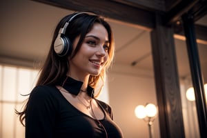 best quality, masterpiece, (photorealistic:1.4), 1girl, wearing very big headphones, light smile, shirt with collars, waist up, dramatic lighting, from below, background musically electrifying 
