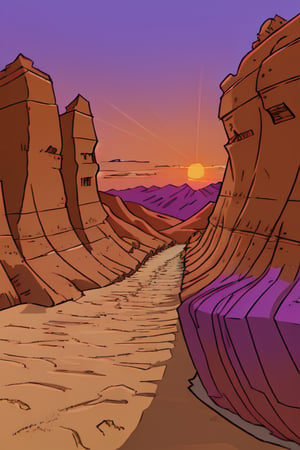 sunset over a sandy canyon, purple sky