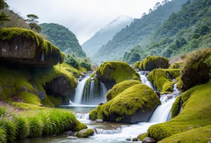 mountain valley, dark cloudy sky with a few sum beams, dyndall effect, clear water stream in front, small waterfalls, misty atmosphere,  tropical rain forest, mosses, low bushes