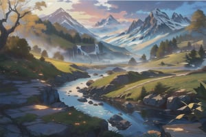  wide landscape, a winding creak,  shrubs and conifors, ( distant mountains,  misty mountain tops and cliffs ), artistic, painting, oveall misty tone, (ultra-detailed:1.3), beautiful detailed glow, an extremely delicate and beautiful, 