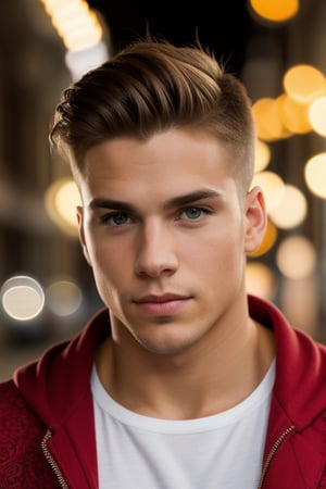 Portrait photo of muscular young guy in casual clothing, well groomed, ((light bokeh)), intricate, elegant, sharp focus, soft lighting, vibrant colors, (masterpiece), ((streets)), (detailed face)+, eye iris, trendy hairstyle 